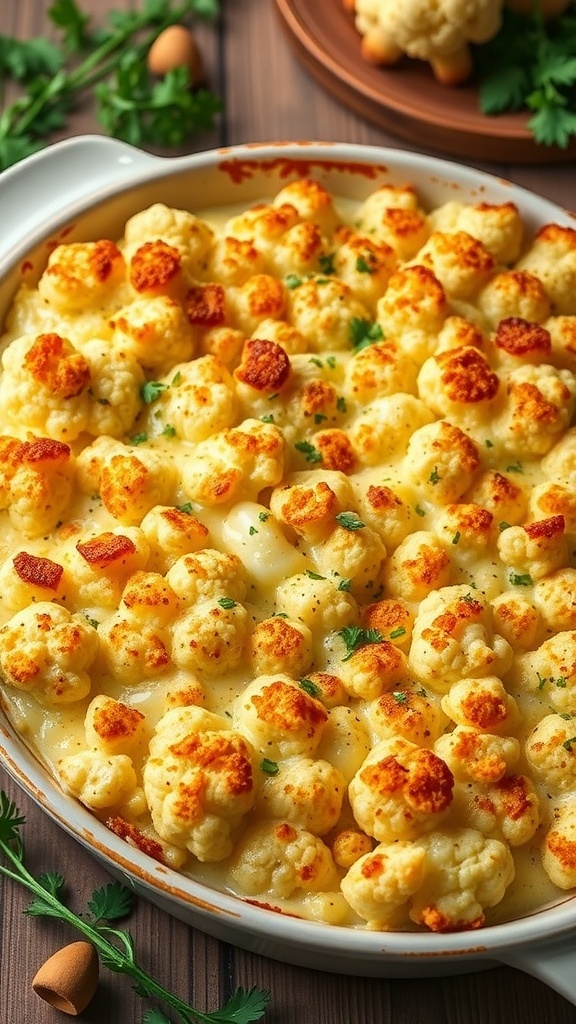 Cheesy cauliflower bake with breadcrumbs, served in a rustic dish, garnished with parsley.